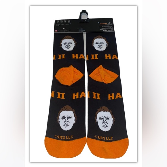 Halloween II Crew Socks 1 Pair Men’s 6-13 Black Orange Michael Myers White Mask - Picture 3 of 6